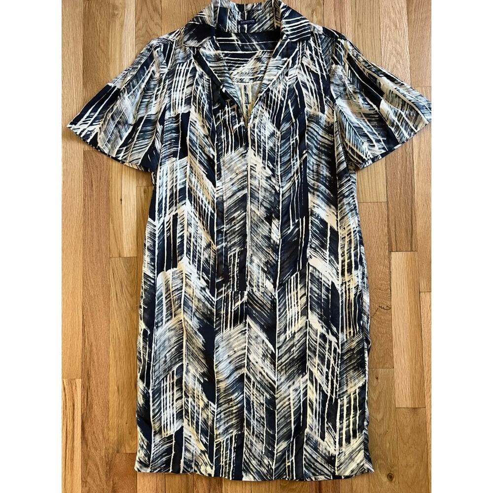 Magaschoni Gray & Beige Brushstroke Print Straight Shirt Dress Silk (size 4/6)